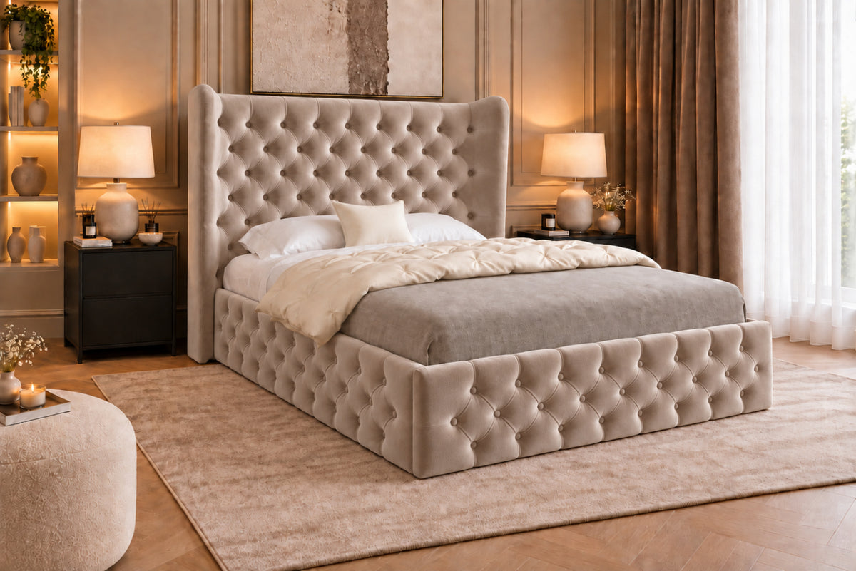 Florence Wide Winged Upholstered Soft Velvet Bed Frame
