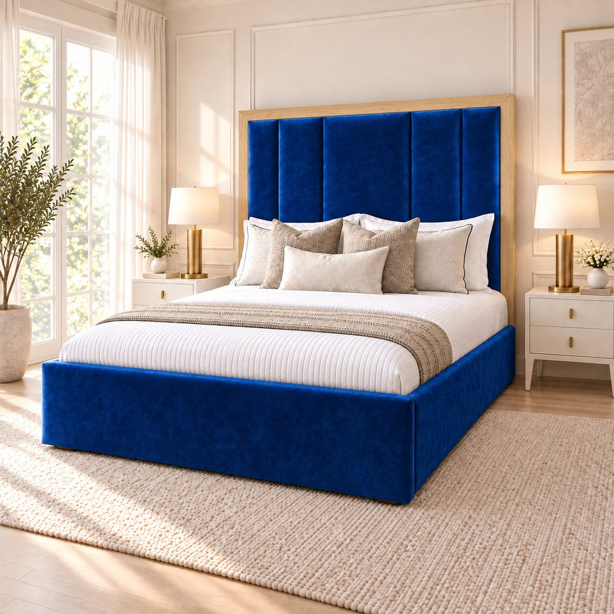 Lucera bed in blue with light oak border, side view