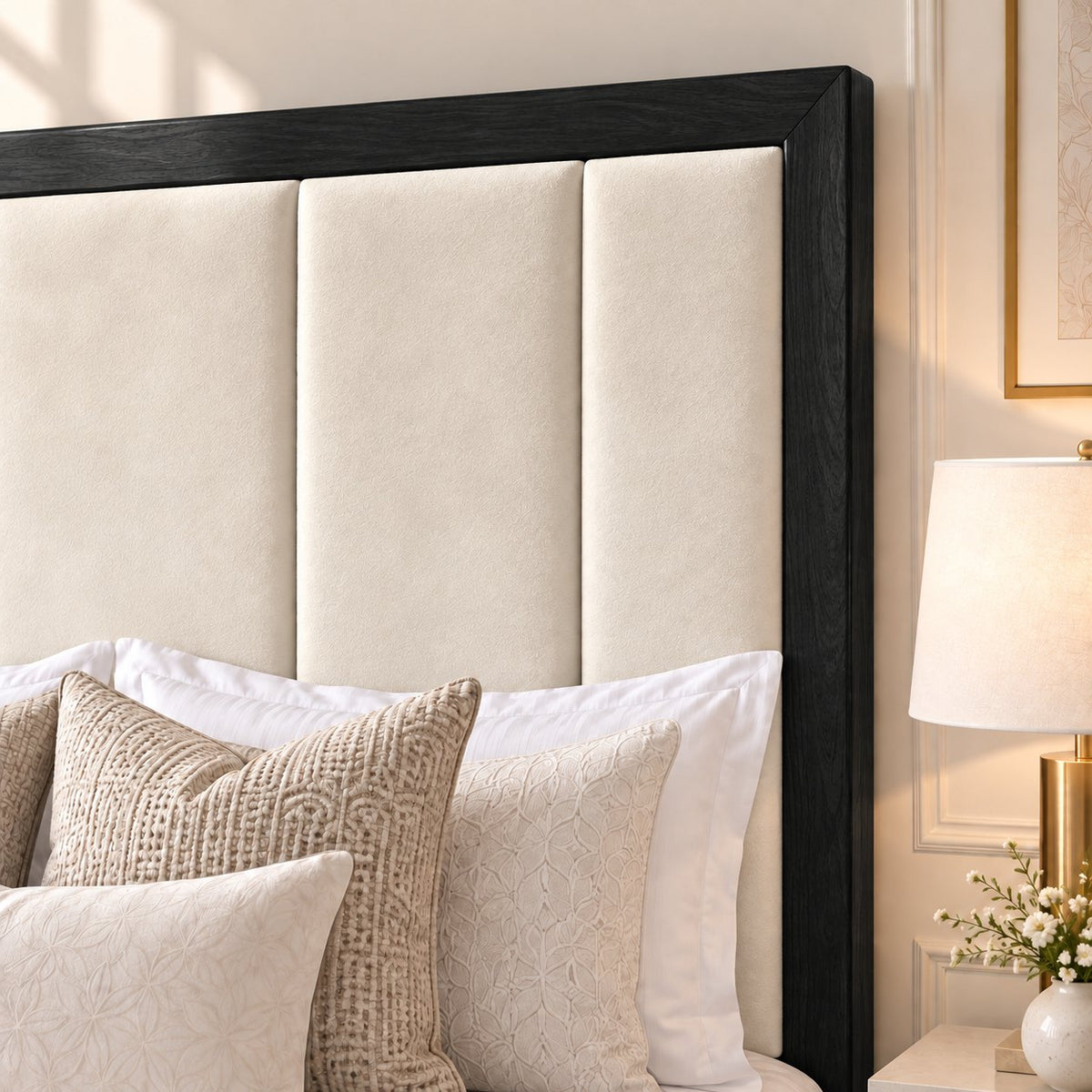 Lucera bed in cream with black border, headboard close-up