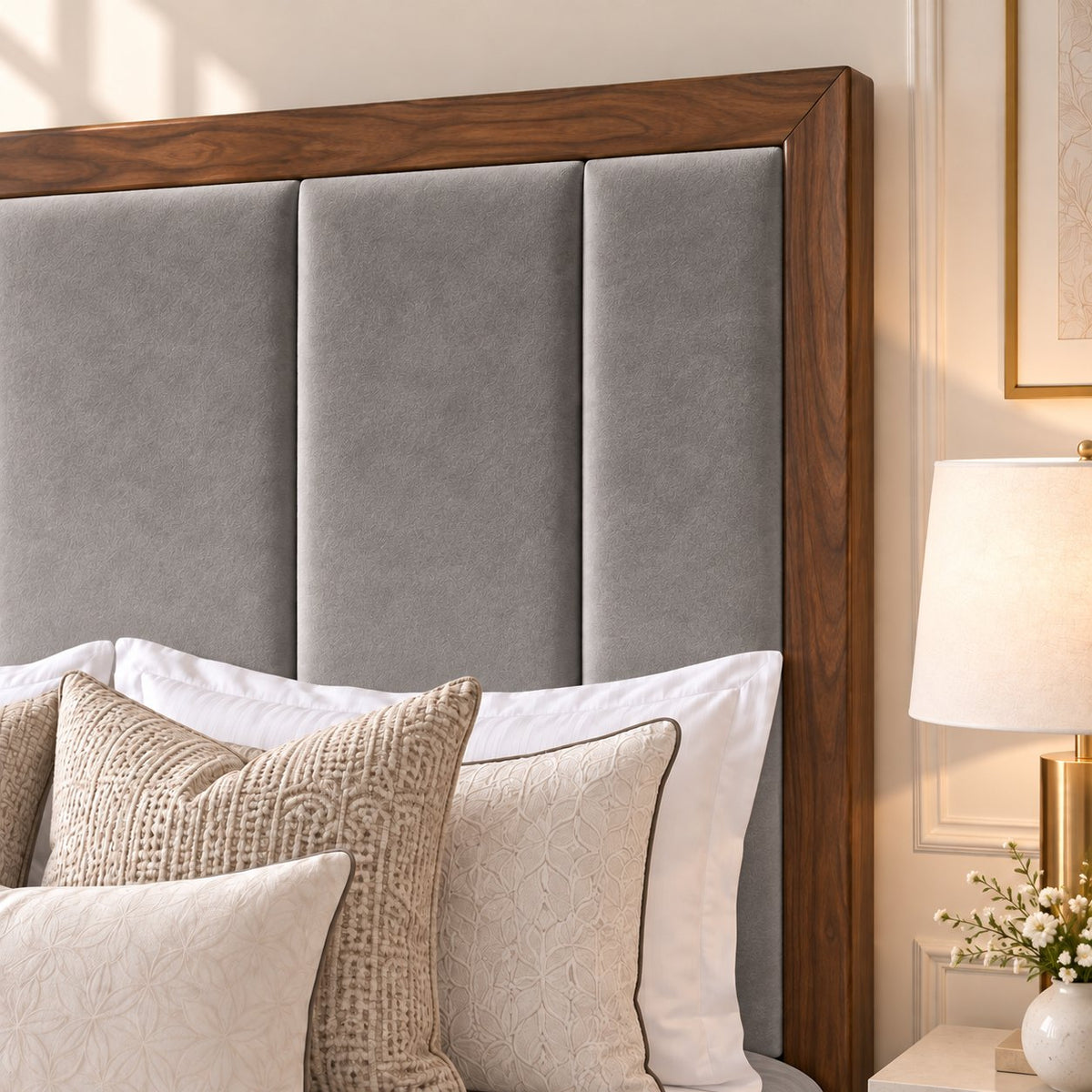 Lucera bed in grey with walnut border, headboard close-up