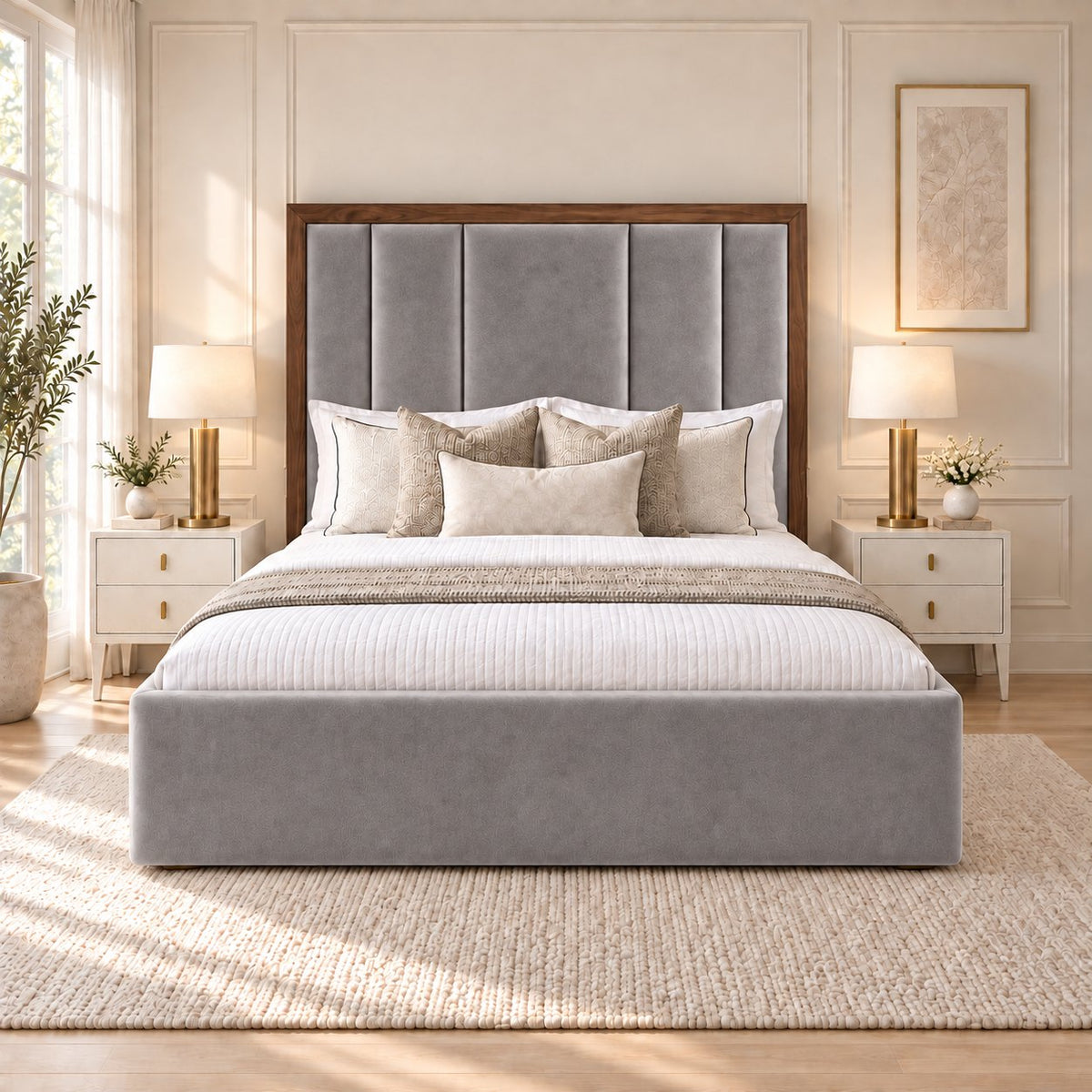 Lucera bed in grey with walnut border, front view