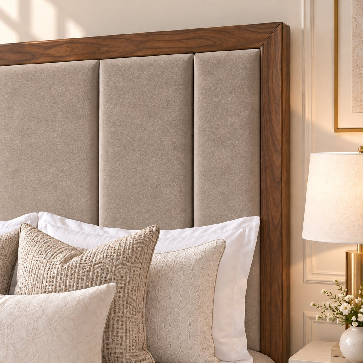 Lucera bed in pebble with walnut border, headboard close-up