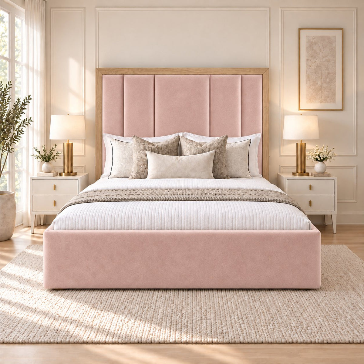 Lucera bed in pink with light oak border, front view