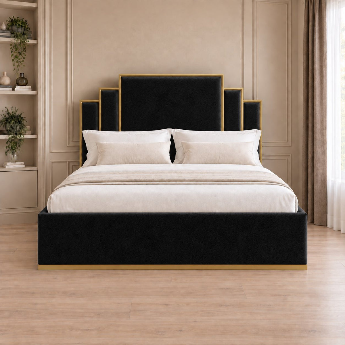 Menaggio bed in black with gold metal frame, front view