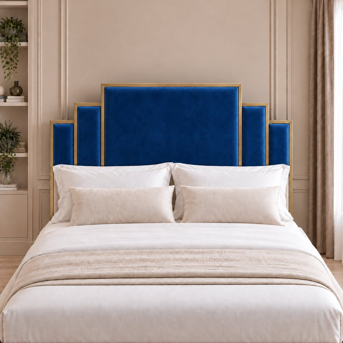 Menaggio bed in blue with gold metal frame, headboard close-up