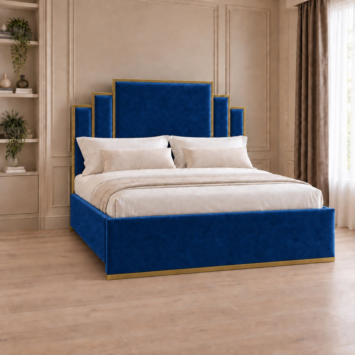 Menaggio bed in blue with gold metal frame, side view