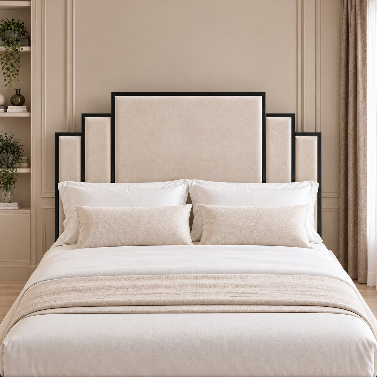 Menaggio bed in cream with black metal frame, headboard close-up