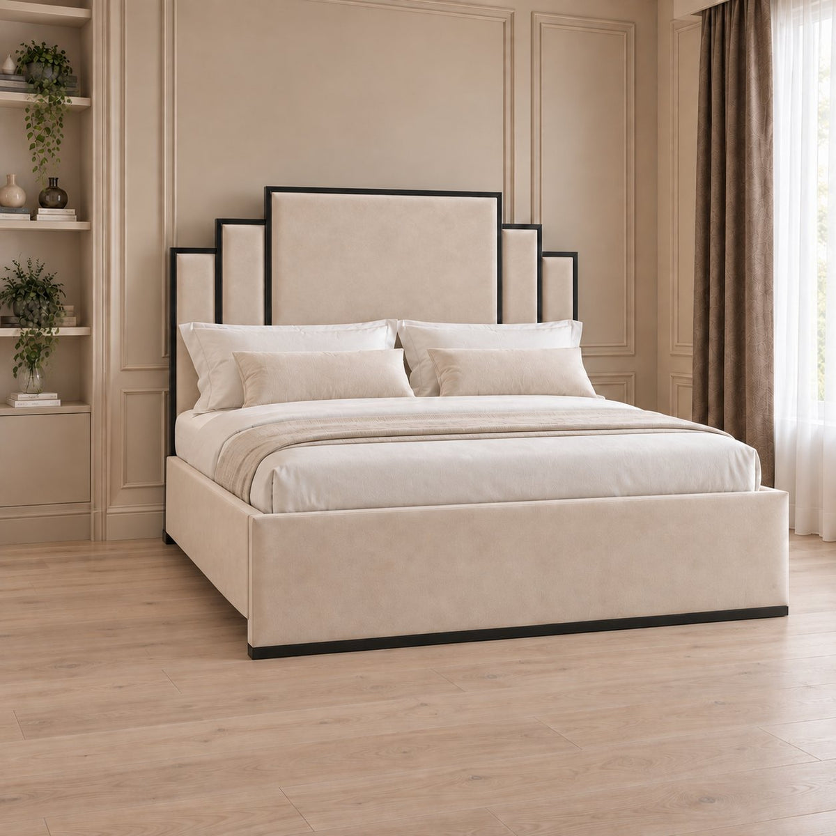 Menaggio bed in cream with black metal frame, side view