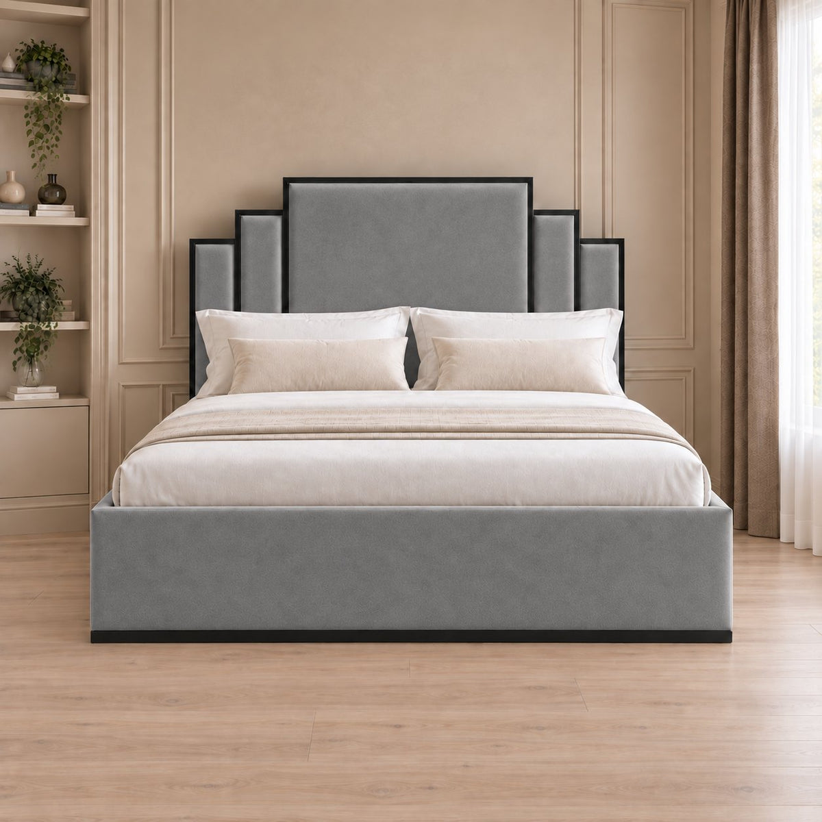 Menaggio bed in grey with black metal frame, front view