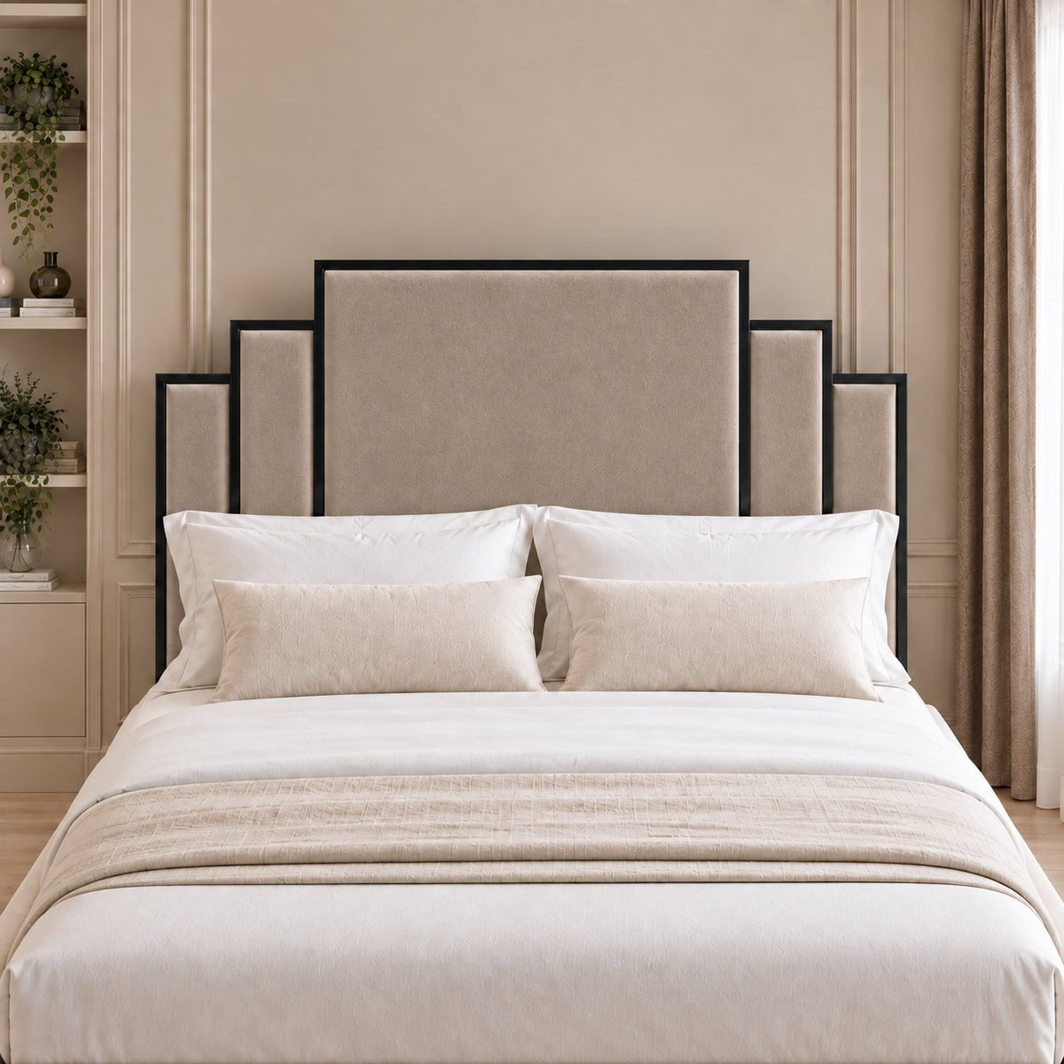 Menaggio bed in pebble with black metal frame, headboard close-up
