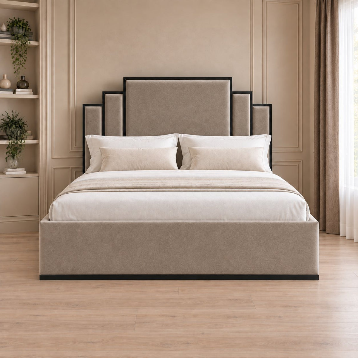 Menaggio bed in pebble with black metal frame, front view