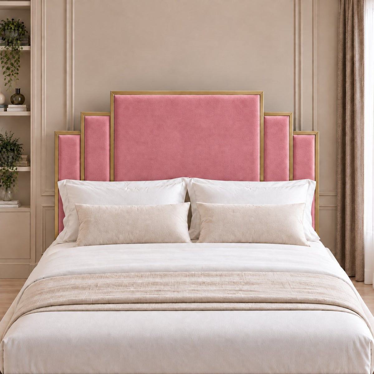 Menaggio bed in pink with gold metal frame, headboard close-up