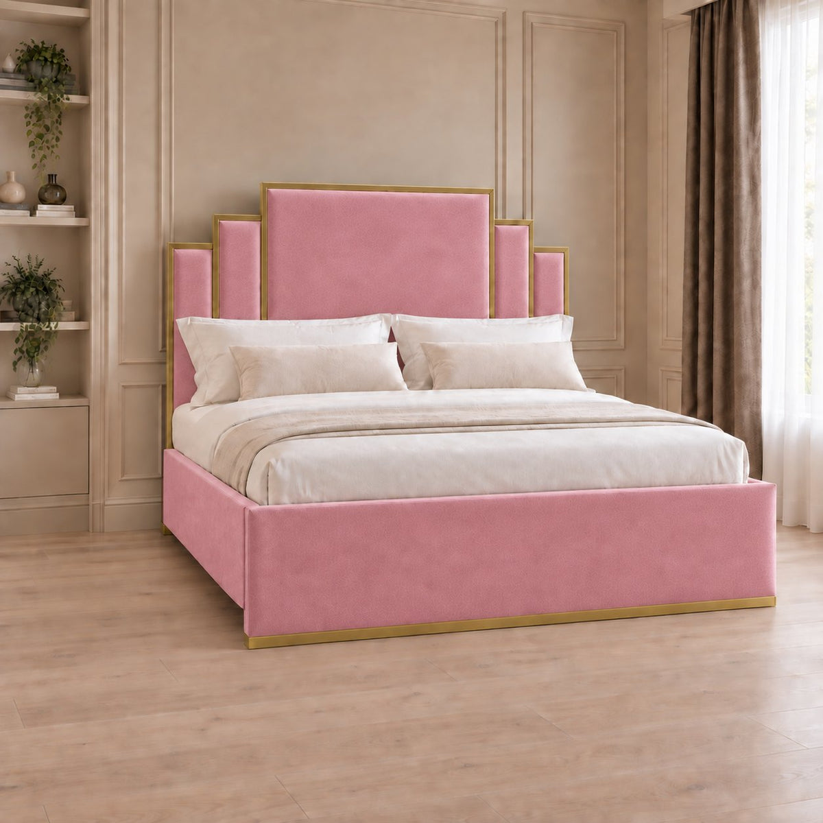 Menaggio bed in pink with gold metal frame, side view