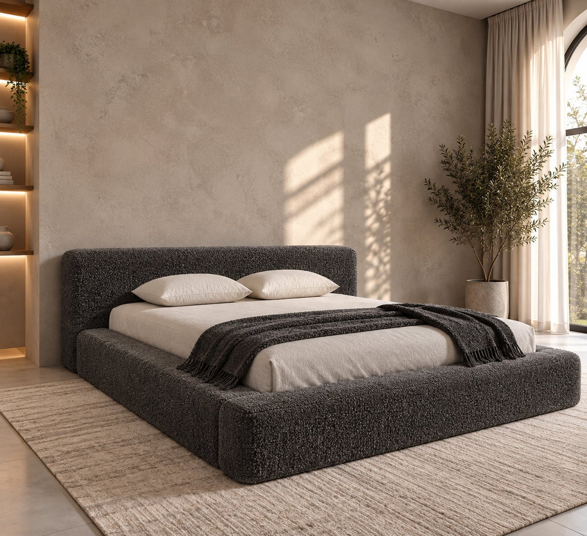 Merano bed in granite bouclé, side view
