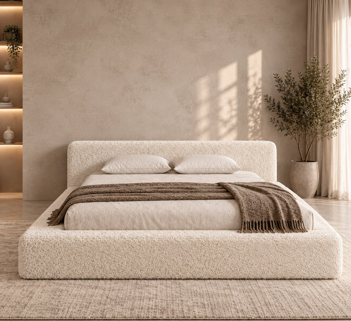 Merano bed in ivory bouclé, front view