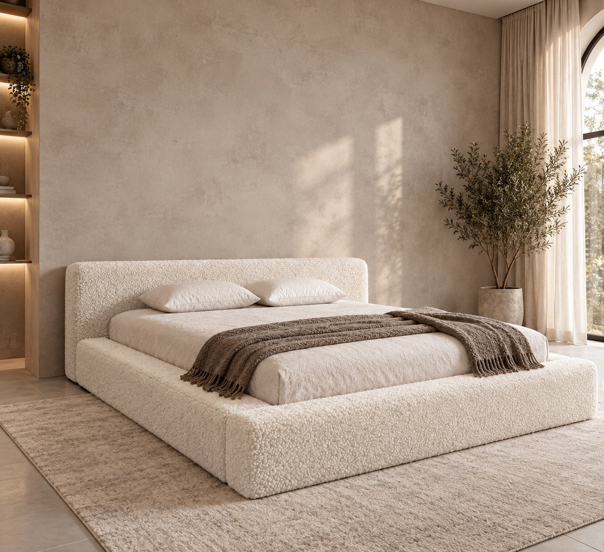 Merano bed in ivory bouclé, side view