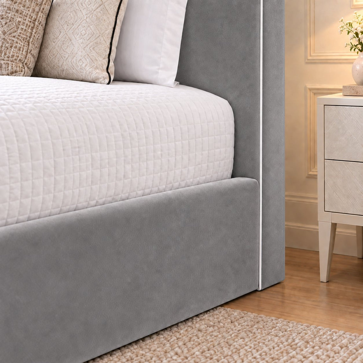 Noli bed in grey, headboard close-up