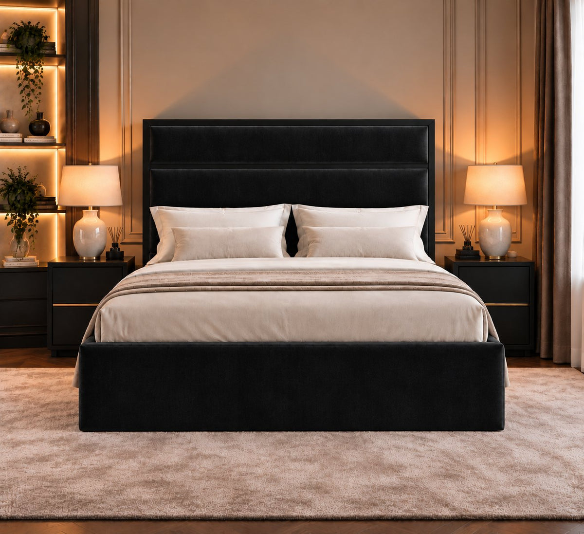 Otranto bed in black with black metal frame, front view