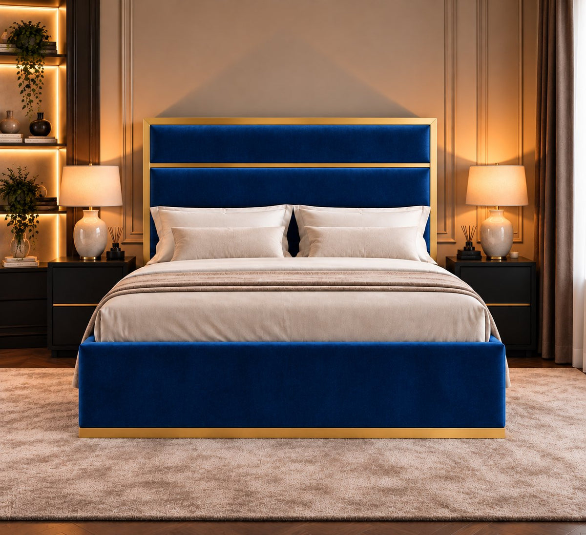 Otranto bed in blue with gold metal frame, front view