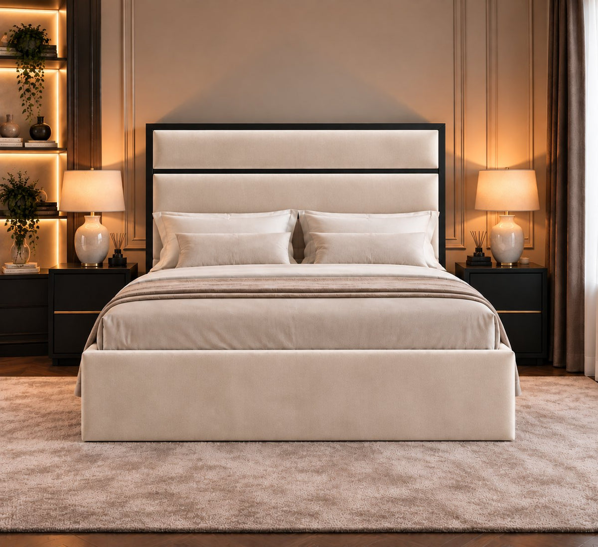 Otranto bed in cream with black metal frame, front view