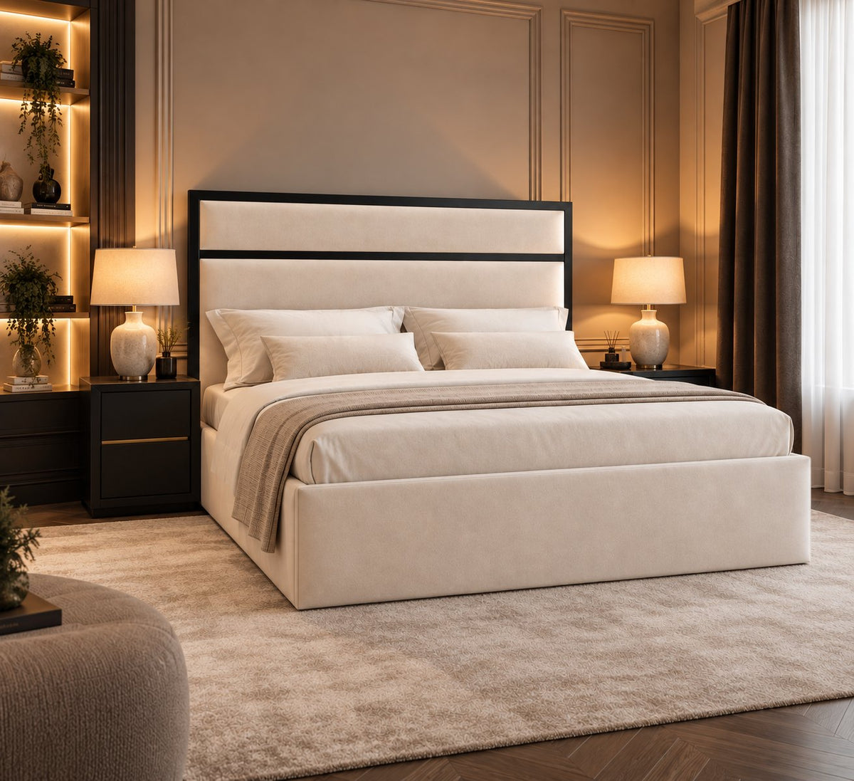 Otranto bed in cream with black metal frame, side view