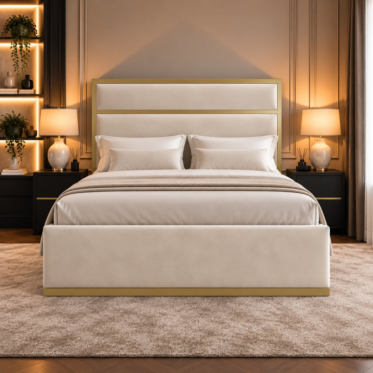 Otranto bed in cream with gold metal frame, front view