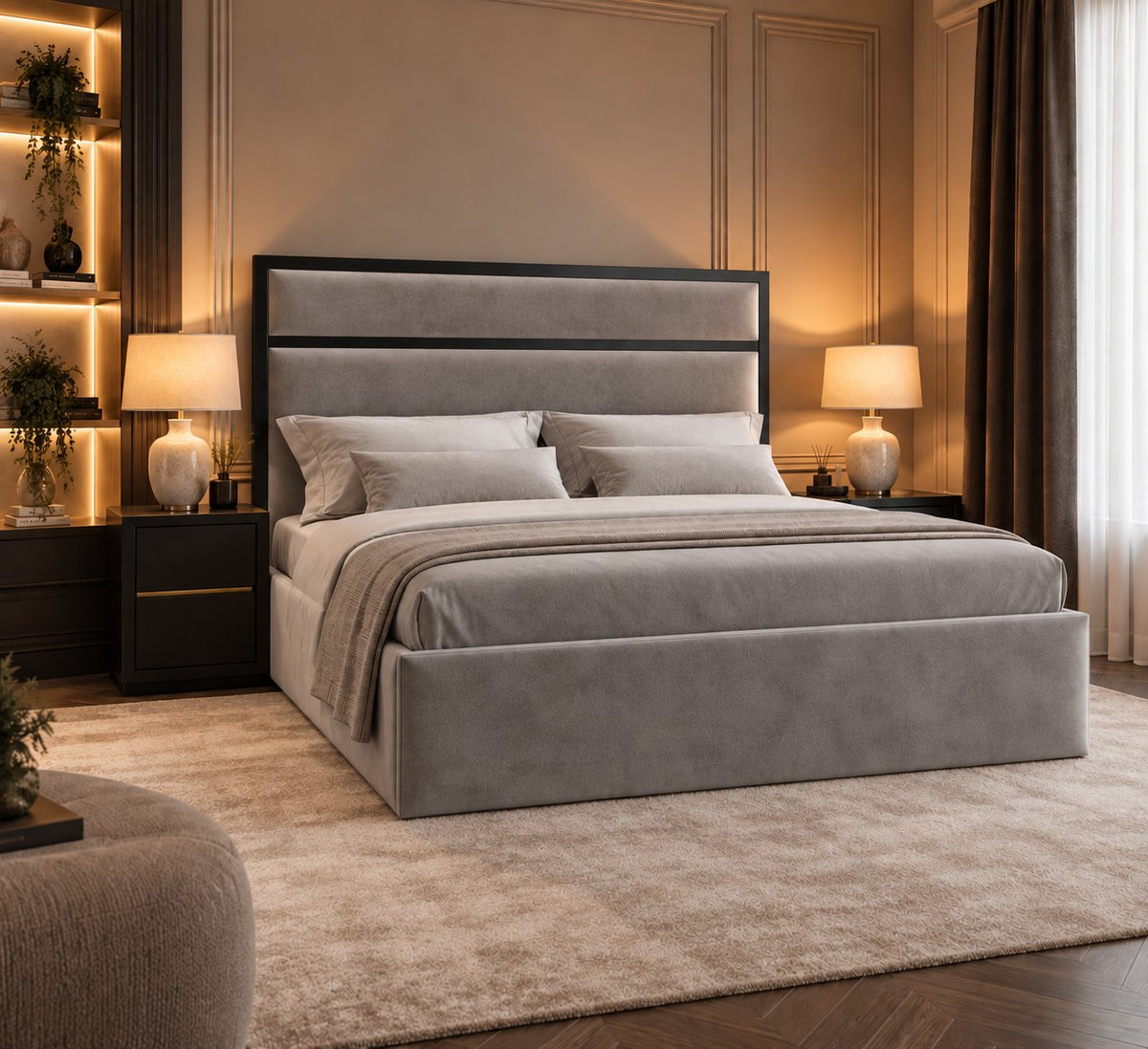 Otranto bed in grey with black metal frame, side view