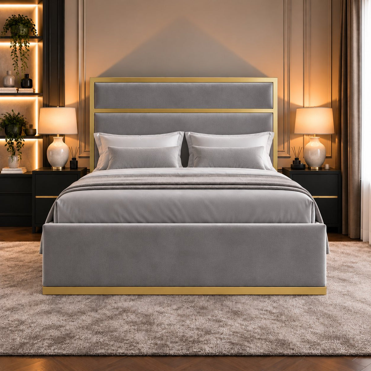 Otranto bed in grey with gold metal frame, front view