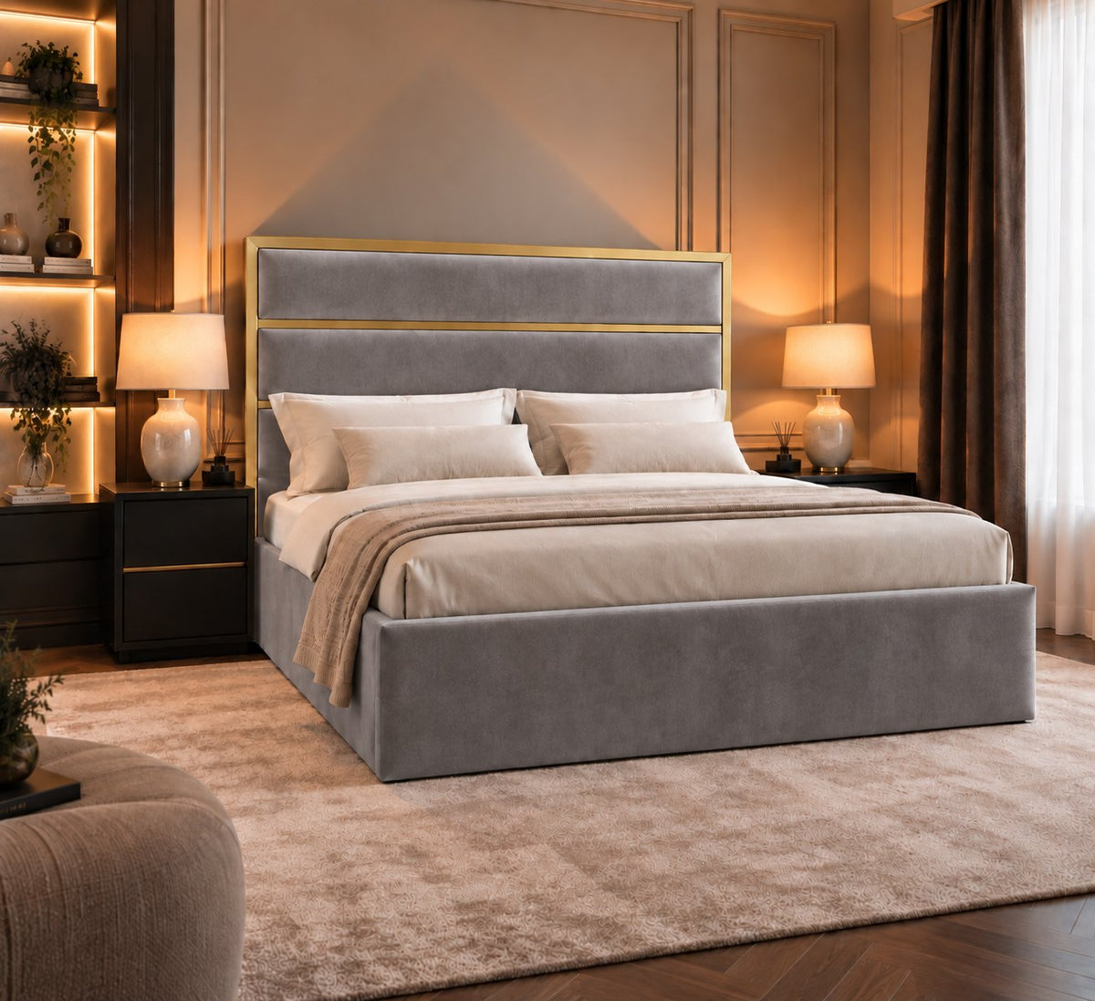 Otranto bed in grey with gold metal frame, side view