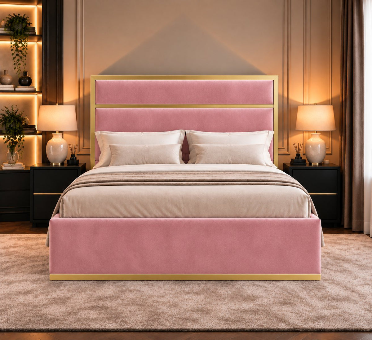 Otranto bed in pink with gold metal frame, front view
