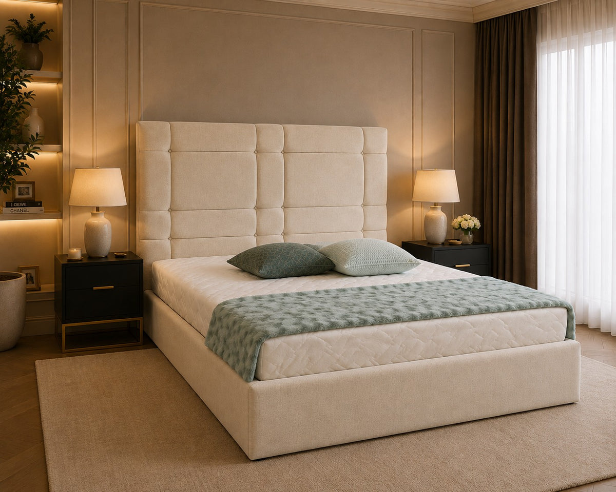 Pesaro Tall Grid Panelled Headboard Upholstered Bed Frame