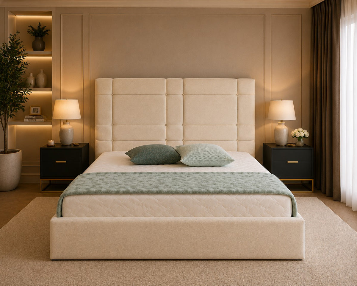 Pesaro Tall Grid Panelled Headboard Upholstered Bed Frame