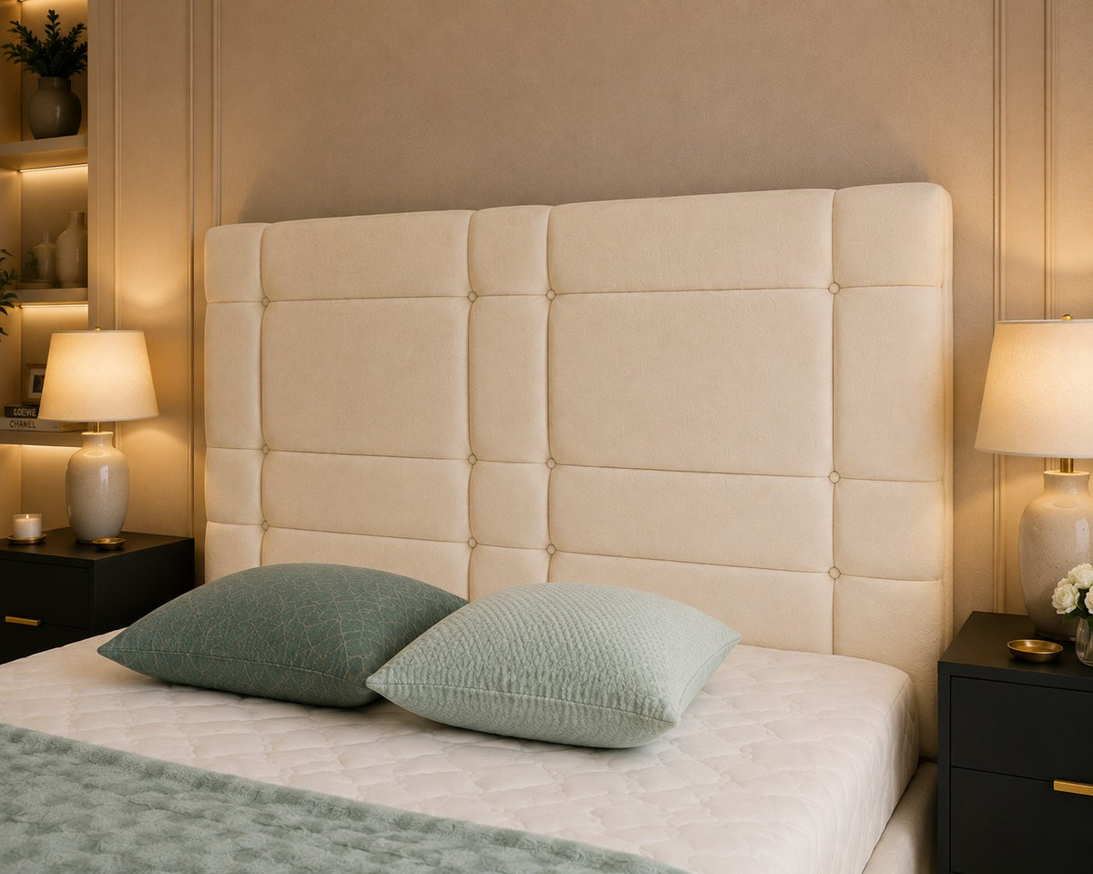 Pesaro Tall Grid Panelled Headboard Upholstered Bed Frame