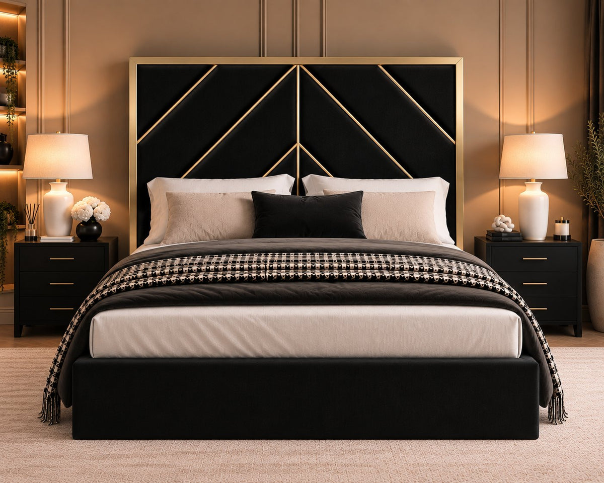 Rapallo bed in black with gold metal frame, front view