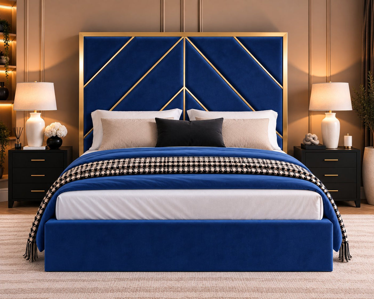 Rapallo bed in blue with gold metal frame, front view