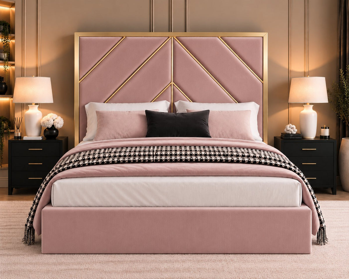 Rapallo bed in pink with gold metal frame, front view