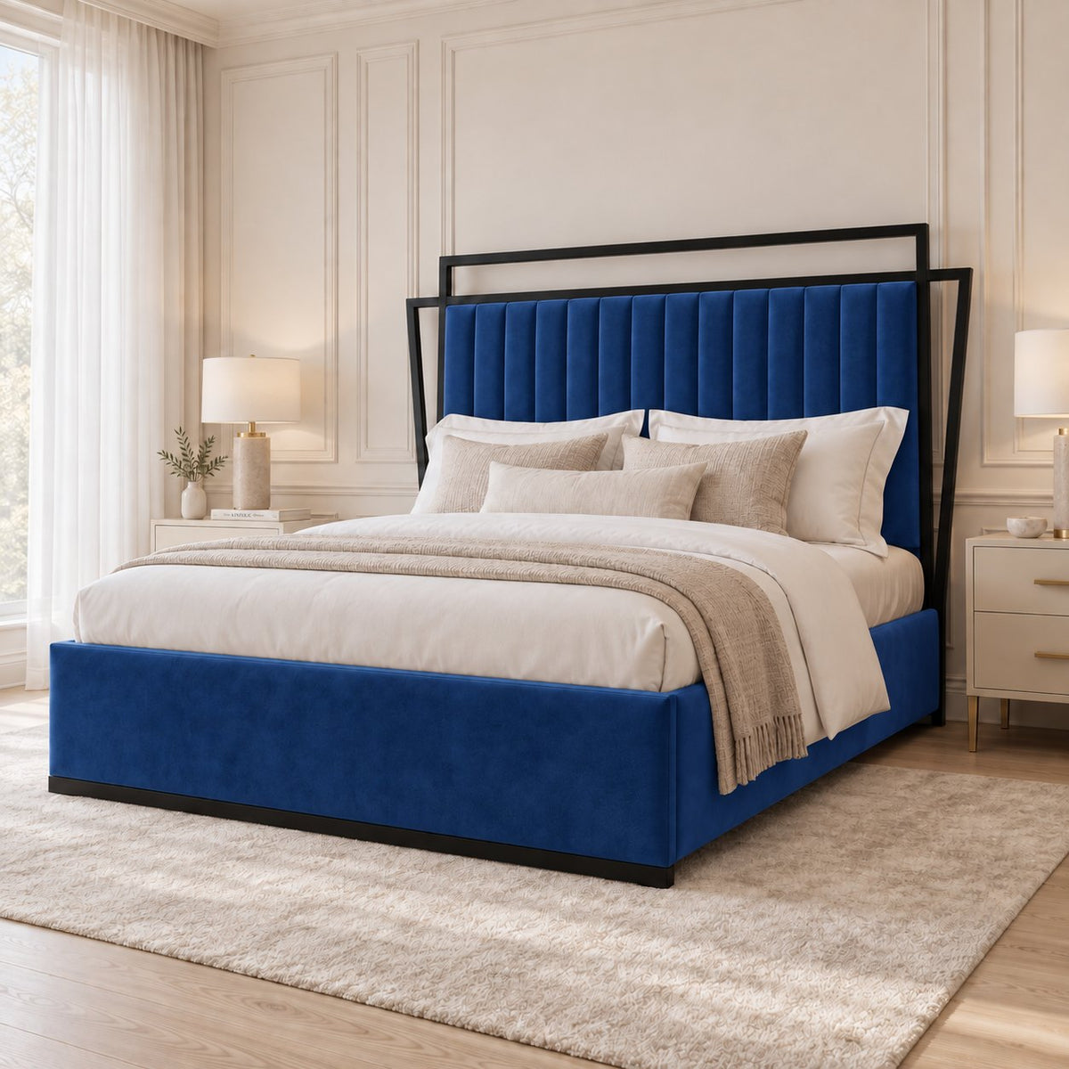 Sirmione velvet bed in blue with black metal frame, side view