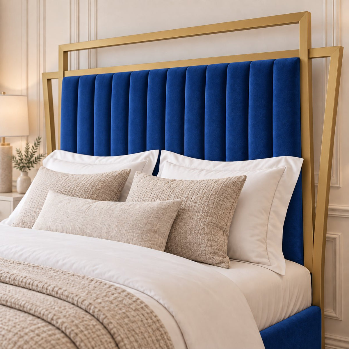 Sirmione velvet bed in blue with matt gold metal frame, headboard close-up