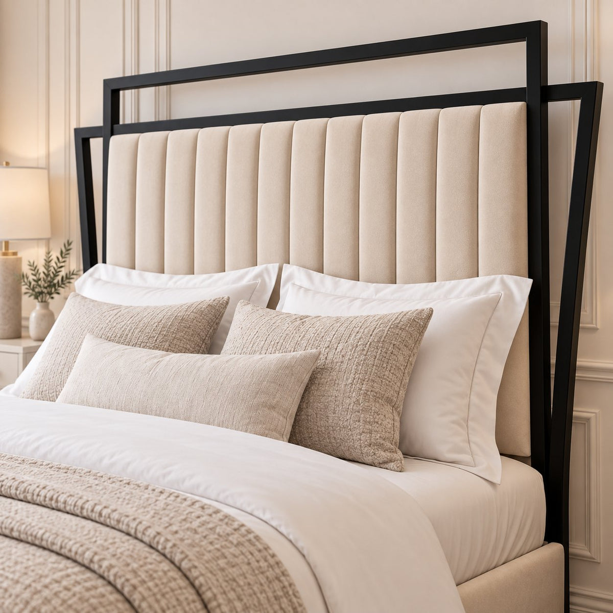 Sirmione velvet bed in cream with black metal frame, headboard close-up