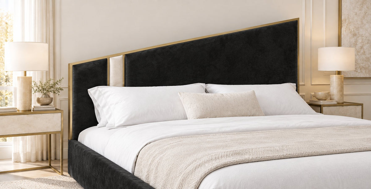 Spello bed in black with cream side panel, headboard close-up