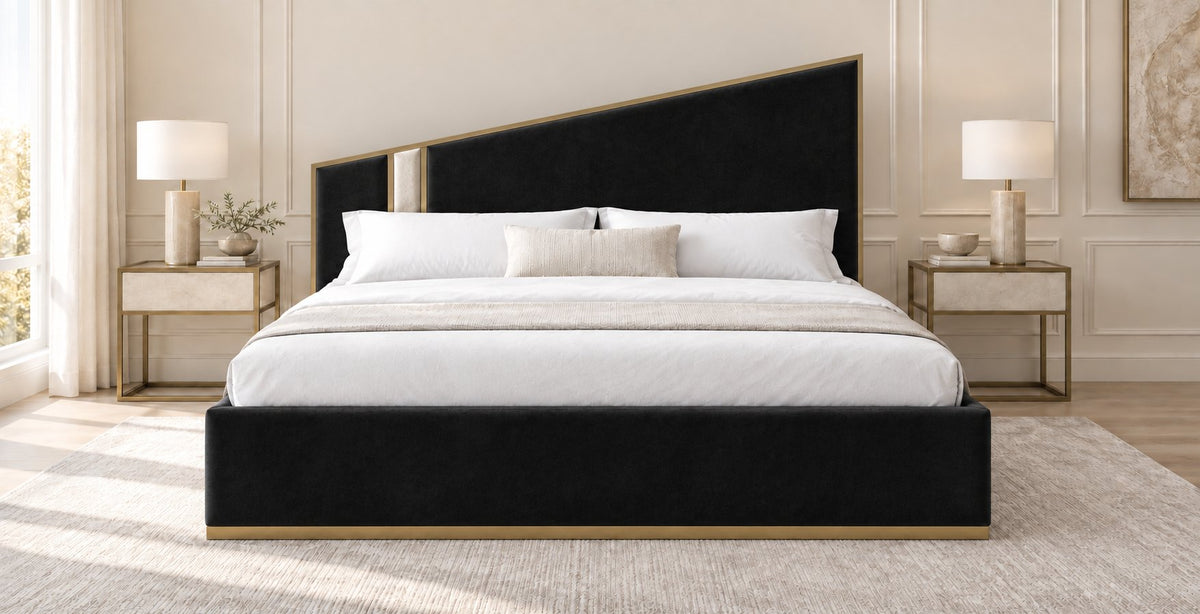 Spello bed in black with cream side panel, front view