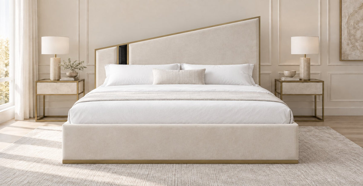 Spello bed in cream with black side panel, front view