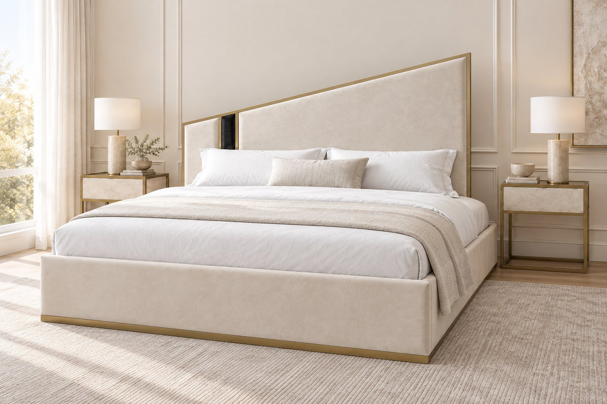 Spello bed in cream with black side panel, side view