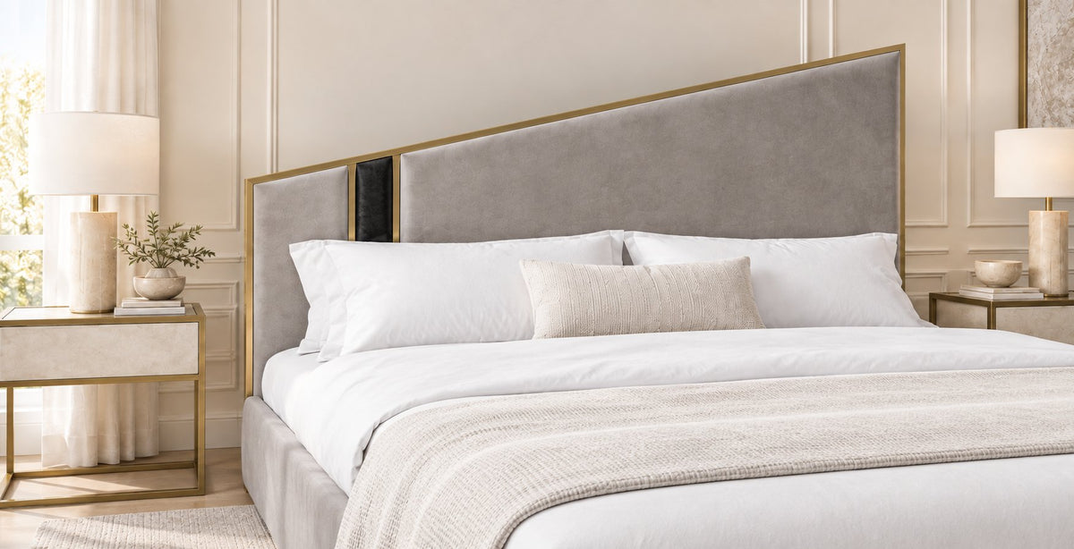 Spello bed in grey with black side panel, headboard close-up