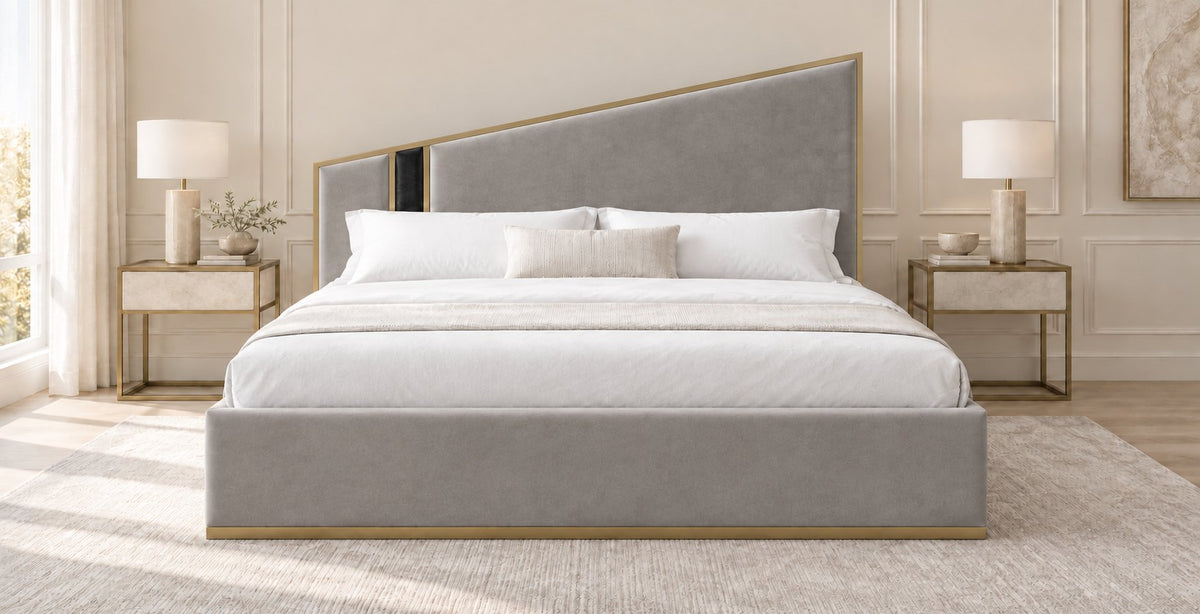 Spello bed in grey with black side panel, front view