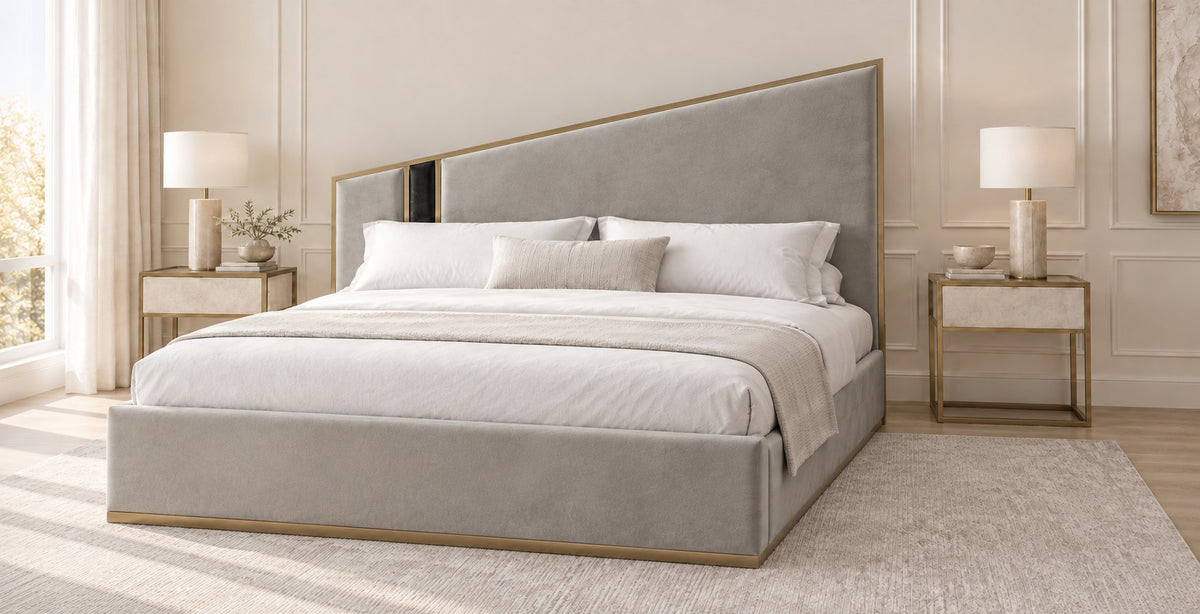 Spello bed in grey with black side panel, side view
