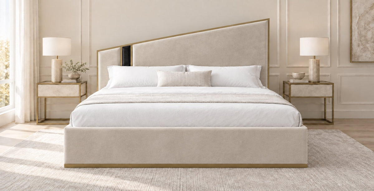 Spello bed in pebble with black side panel, front view