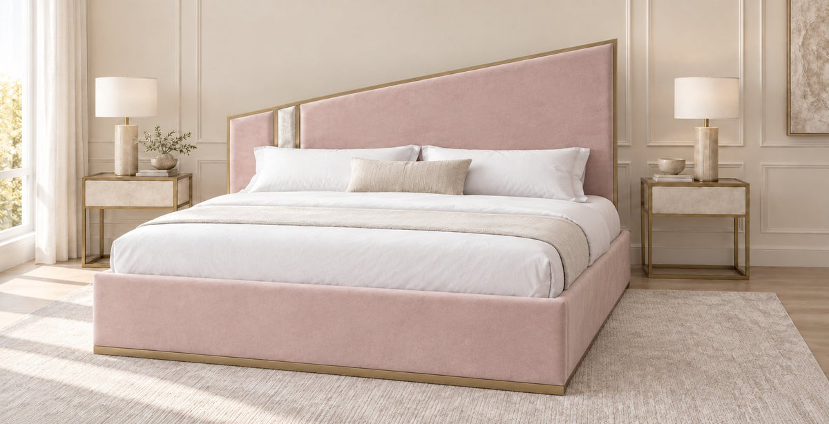 Spello bed in pink with cream side panel, side view