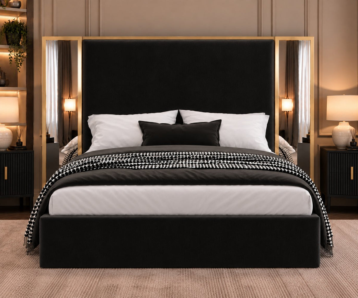 Todi bed in black with gold metal frame, front view