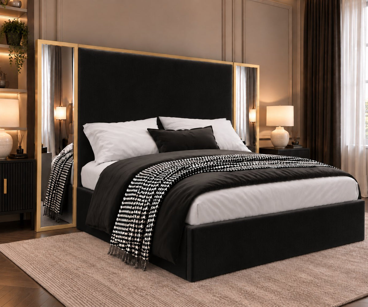Todi bed in black with gold metal frame, side view